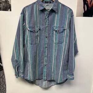 Vintage Stefano Man Vertical Striped Shirt, Blue and Teal Denim Style, Size L